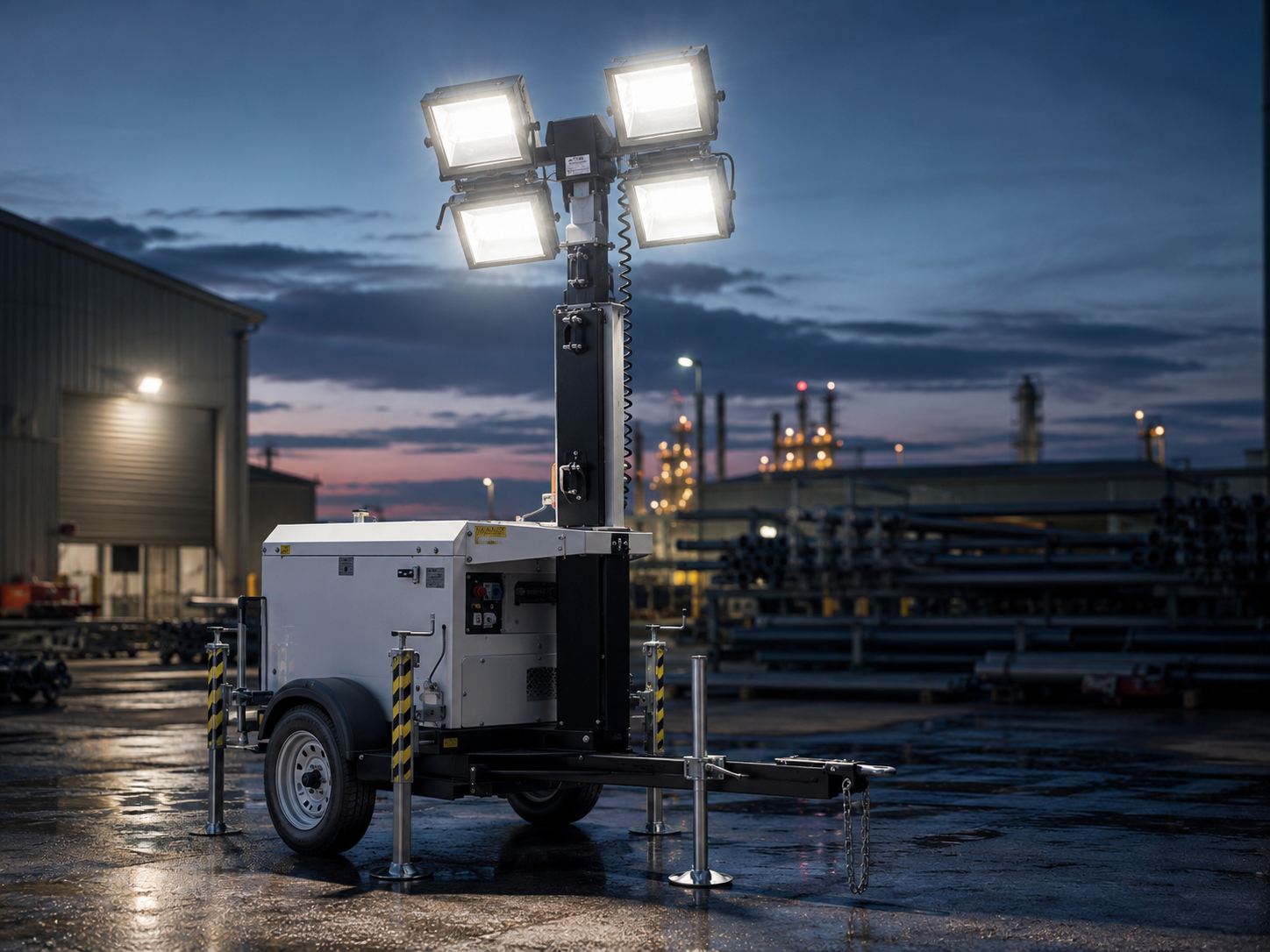 Torre portátil de iluminación industrial para operaciones nocturnas.
