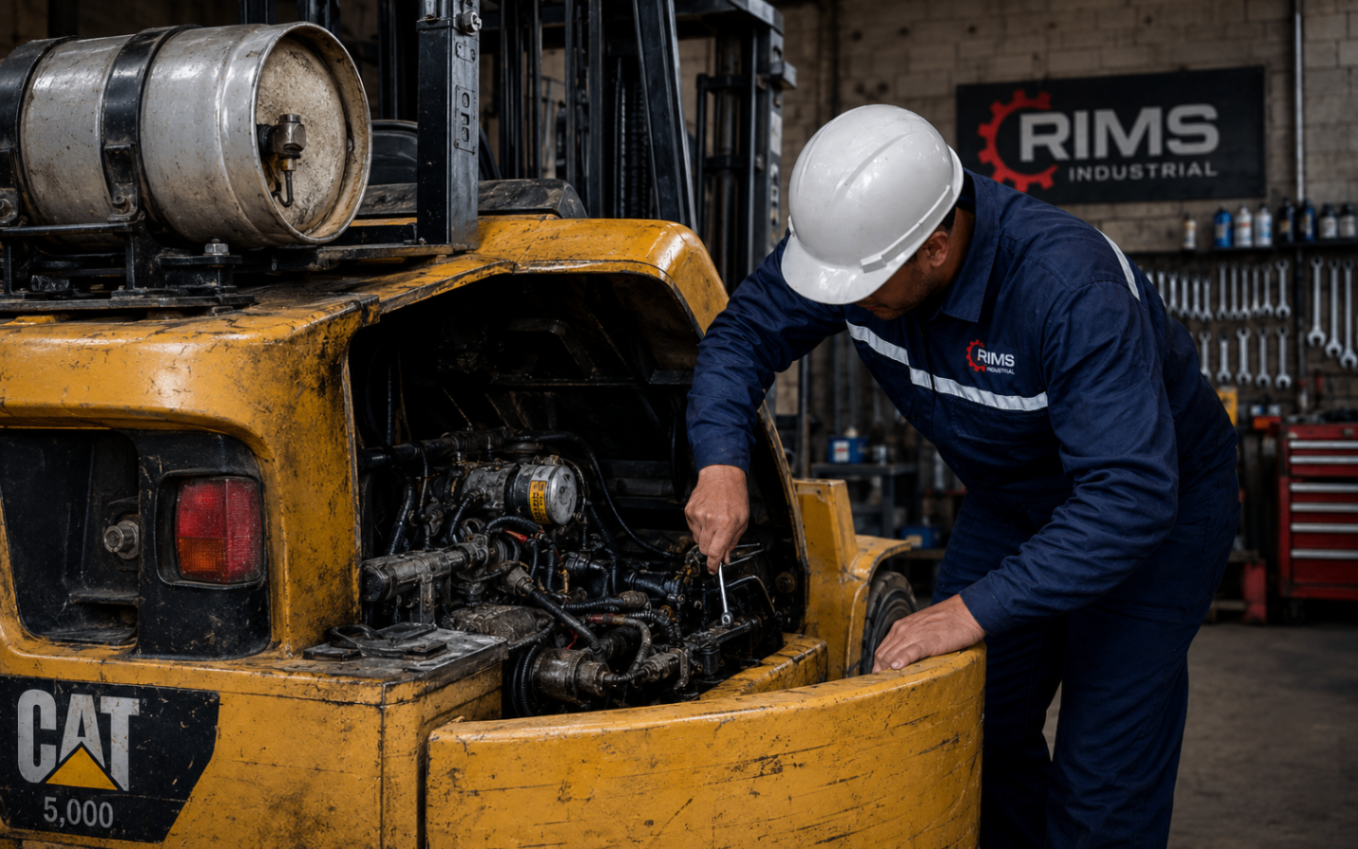 Técnico de RIMS reparando un montacargas CAT en taller industrial.