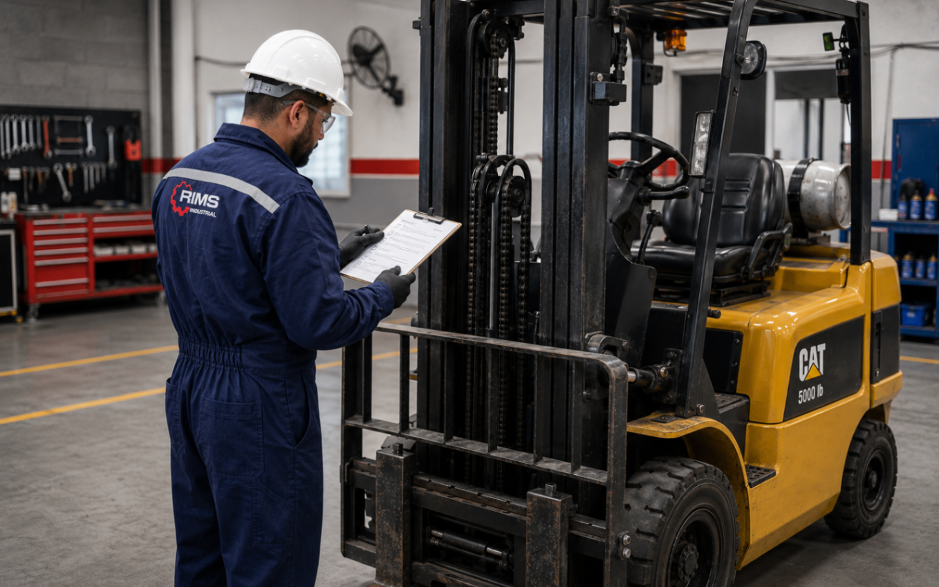 Inspección preventiva de montacargas CAT con lista de verificación.