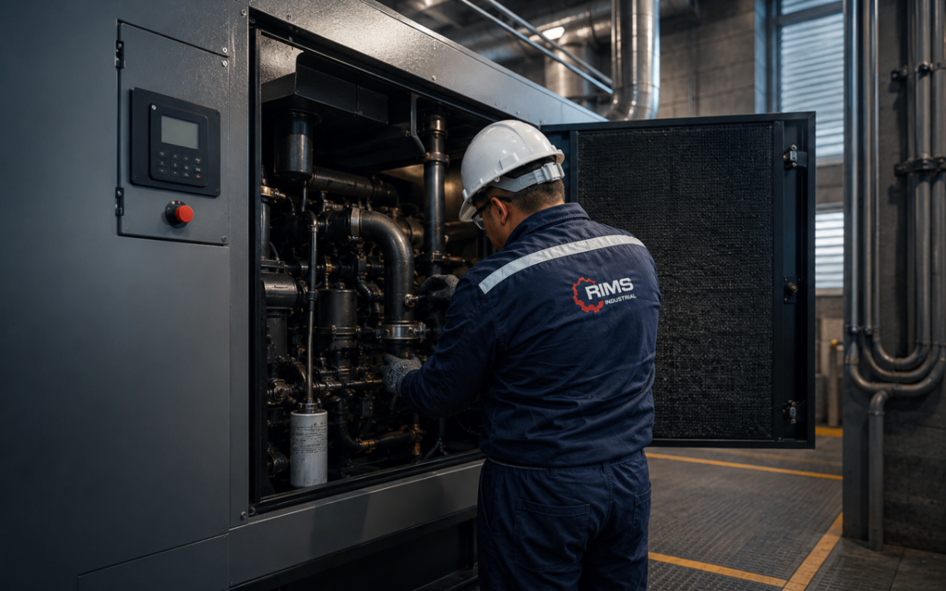 Técnico de RIMS dando servicio a una planta generadora industrial.